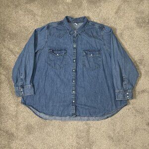 Old Navy Denim Shirt Women's 3X Blue Chambray Pearl Snap Button Western